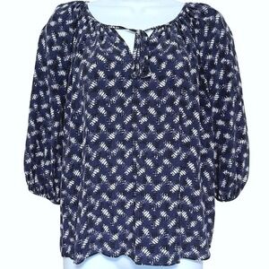 Rebecca Taylor Silk Blouse Top Womens Size 2 Dark Blue Puff Sleeve‎ Peasant Boho